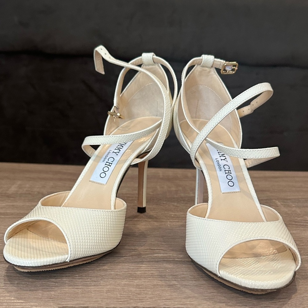 JIMMY CHOO EMSY 85MM CHEVRON EMBOSSED PATENT SANDAL HEELS  Size 37/7 - Picture 2 of 9